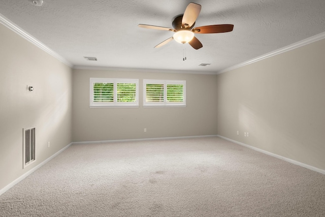 10 Hollow Glen Ln, Tomball, TX 77375 - unfurnished room featuring a ceiling fan, carpet floors, crown molding, a textured ceiling, and baseboards