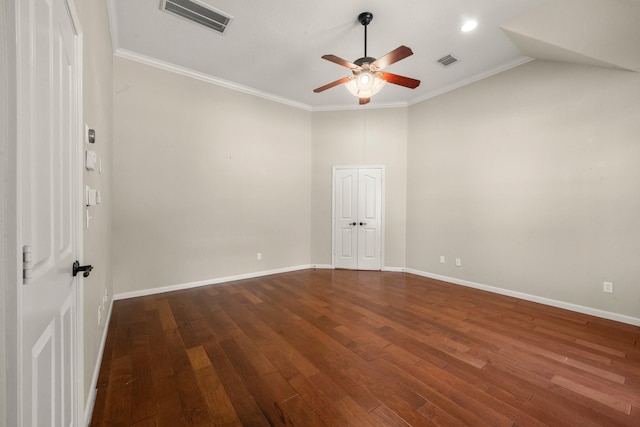 10 Hollow Glen Ln, Tomball, TX 77375 - spare room featuring a ceiling fan, ornamental molding, wood finished floors, lofted ceiling, and baseboards
