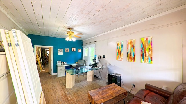 411 Kernohan St, Crosby, TX 77532 - home office with light wood-type flooring, a ceiling fan, and wood ceiling