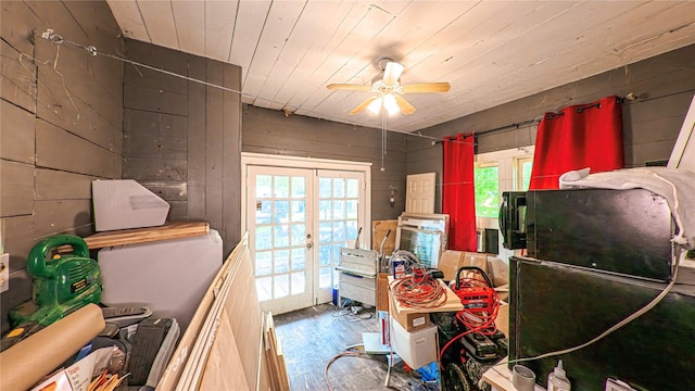 411 Kernohan St, Crosby, TX 77532 - misc room with french doors, a ceiling fan, wood finished floors, plenty of natural light, and wooden ceiling