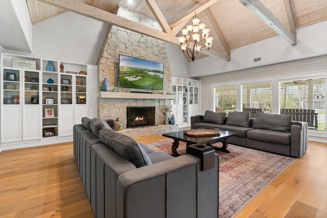 42 Cherry Hill Dr, Conroe, TX 77304 - living room featuring wooden ceiling with exposed beams, wood finished floors, a stone fireplace, plenty of natural light, and a chandelier