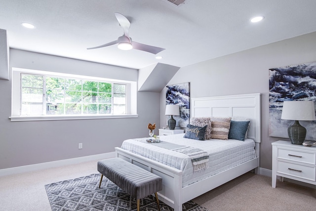 bedroom featuring carpet flooring, recessed lighting, baseboards, and a ceiling fan