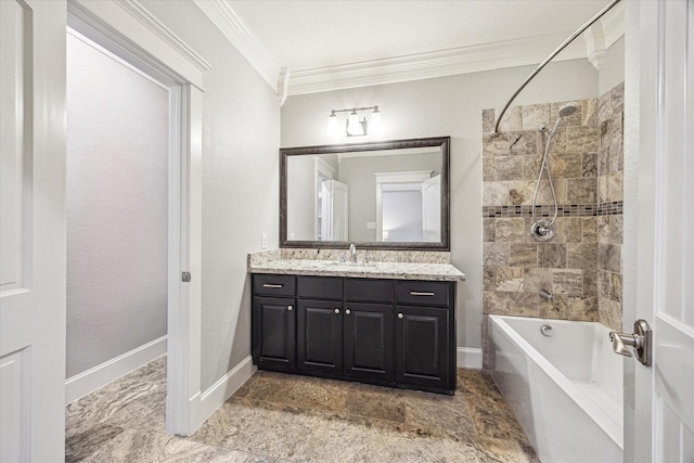 full bathroom featuring crown molding,  shower combination, vanity, and baseboards