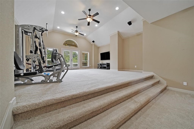 14710 Turquoise Ct, Willis, TX 77378 - carpeted bedroom with access to outside, baseboards, vaulted ceiling, recessed lighting, and crown molding