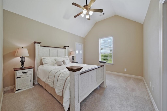 14710 Turquoise Ct, Willis, TX 77378 - bedroom featuring light colored carpet, vaulted ceiling, baseboards, and a ceiling fan