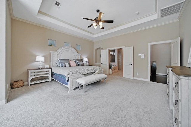 14710 Turquoise Ct, Willis, TX 77378 - bedroom with a raised ceiling, ornamental molding, carpet flooring, baseboards, and ceiling fan
