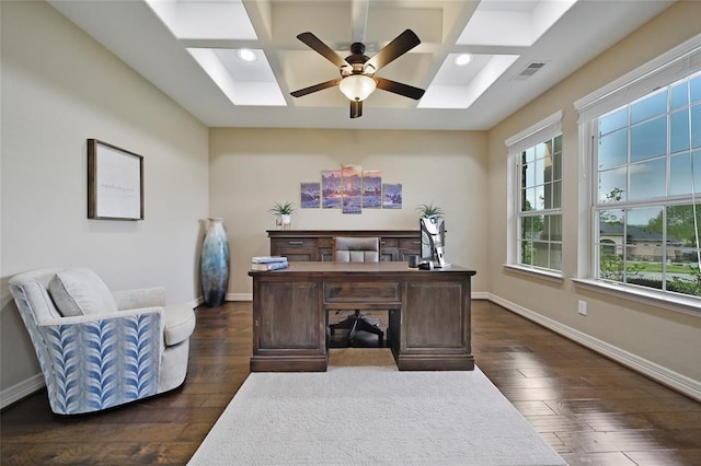 14710 Turquoise Ct, Willis, TX 77378 - office with coffered ceiling, healthy amount of natural light, ceiling fan, dark wood finished floors, and recessed lighting