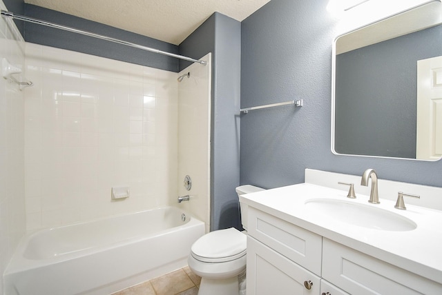 8502 Calverton Pines Ln, Houston, TX 77095 - bathroom with toilet, vanity, shower / bath combination, tile patterned floors, and a textured ceiling