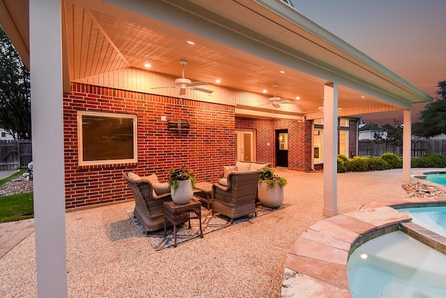 8502 Calverton Pines Ln, Houston, TX 77095 - view of patio / terrace with a ceiling fan, an in-ground hot tub, and an outdoor hangout area
