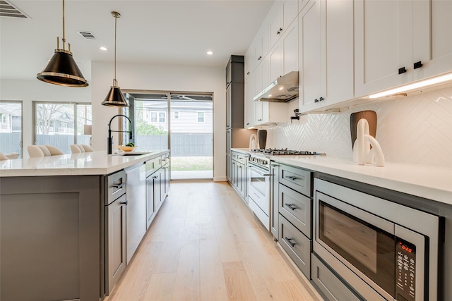 kitchen with a sink, under cabinet range hood, appliances with stainless steel finishes, light wood finished floors, and backsplash