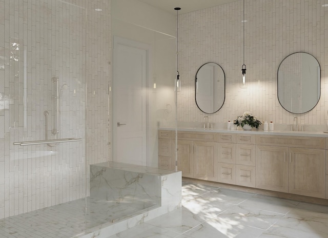 1039 Alexander St, Houston, TX 77008 - bathroom with double vanity, marble finish flooring, and a walk in shower