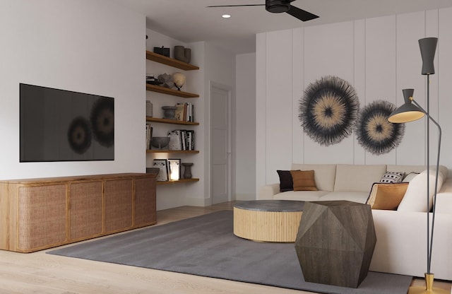 1039 Alexander St, Houston, TX 77008 - living room with ceiling fan, wood finished floors, and built in shelves