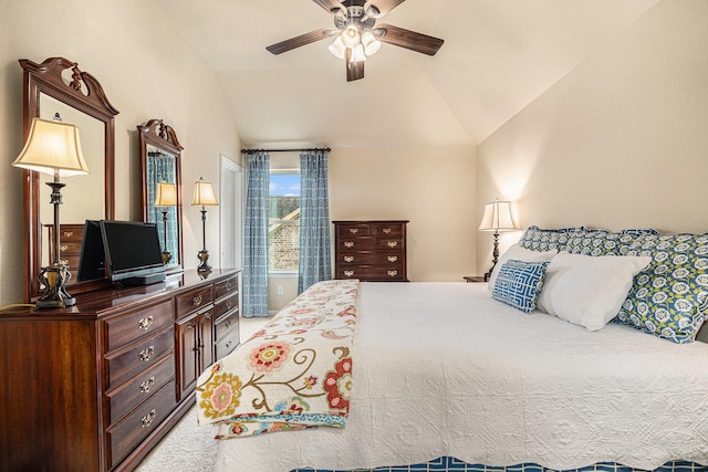 bedroom with lofted ceiling, light carpet, and ceiling fan