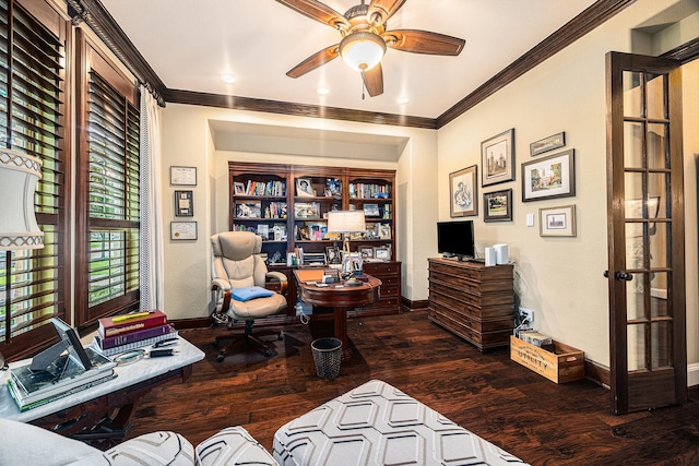 office space with ceiling fan, hardwood / wood-style floors, crown molding, and baseboards