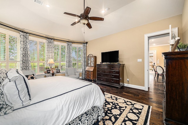 bedroom with dark wood-type flooring, baseboards, recessed lighting, lofted ceiling, and a ceiling fan