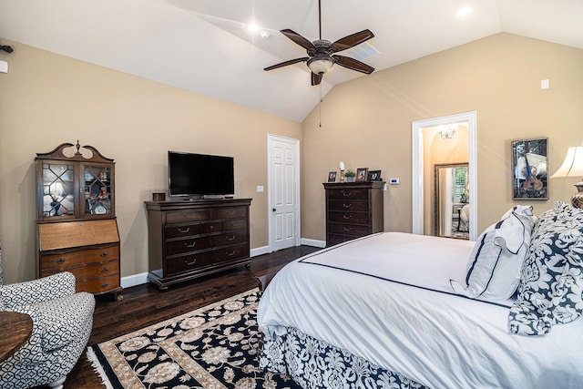 bedroom featuring wood finished floors, baseboards, ceiling fan, recessed lighting, and high vaulted ceiling