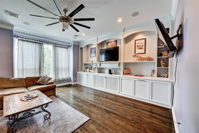 5507 Darling St, Houston, TX 77007 - living room featuring ornamental molding, dark wood-style floors, a ceiling fan, baseboards, and recessed lighting