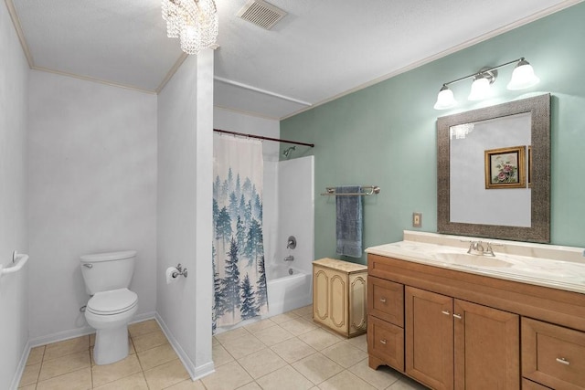 24930 Plantation Estates Ave, Porter, TX 77365 - bathroom with tile patterned floors, toilet, crown molding, vanity, and shower / tub combo with curtain