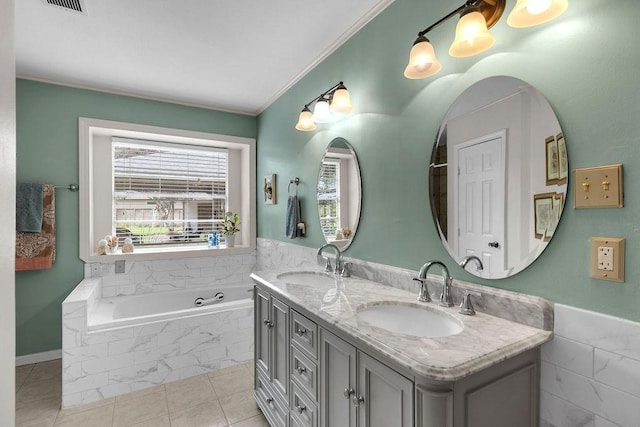 24930 Plantation Estates Ave, Porter, TX 77365 - full bath featuring a garden tub, double vanity, tile patterned floors, and crown molding