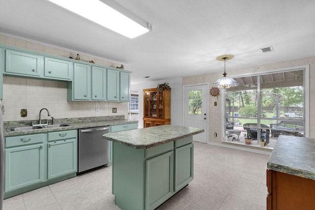 24930 Plantation Estates Ave, Porter, TX 77365 - kitchen with dishwasher, a sink, green cabinets, a kitchen island, and light tile patterned flooring