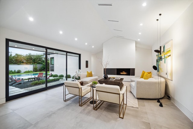 5686 Bayou Glen Rd, Houston, TX 77056 - living area featuring a fireplace, recessed lighting, high vaulted ceiling, and baseboards