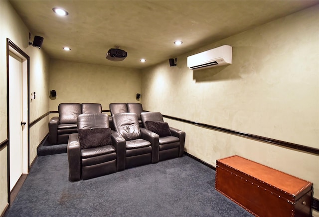 home theater room featuring a wall mounted air conditioner, carpet floors, recessed lighting, and baseboards