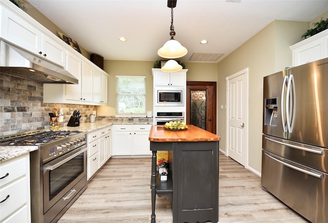 kitchen with appliances with stainless steel finishes, butcher block countertops, white cabinets, tasteful backsplash, and recessed lighting