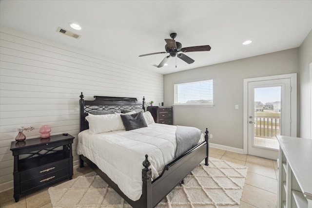 bedroom with access to exterior, light tile patterned floors, recessed lighting, ceiling fan, and baseboards