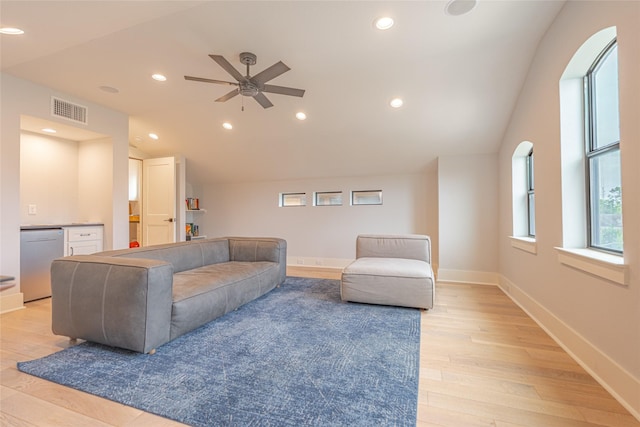 406 Fenn St Unit A, Houston, TX 77018 - living area with vaulted ceiling, a ceiling fan, light wood-style flooring, baseboards, and recessed lighting