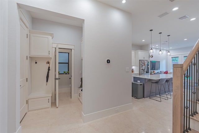 406 Fenn St Unit A, Houston, TX 77018 - hallway featuring light tile patterned floors, recessed lighting, stairs, and baseboards