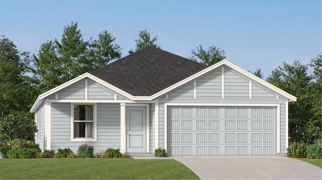 ranch-style home with a garage, driveway, a shingled roof, and a front yard