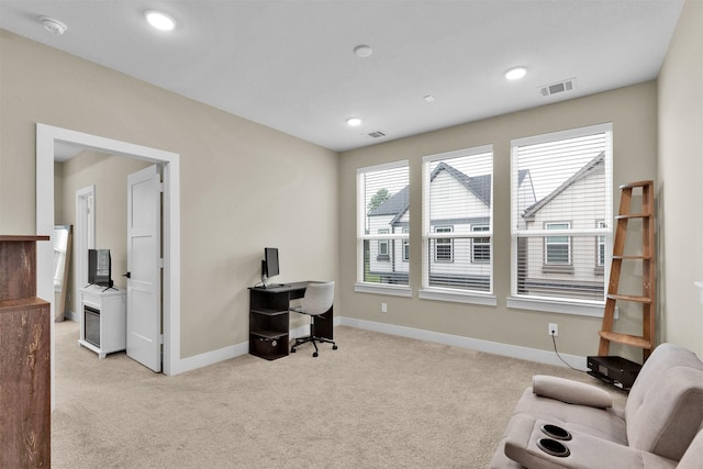 office area with light carpet, baseboards, and recessed lighting