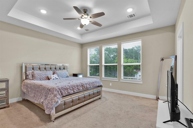 2609 Paul Quinn St, Houston, TX 77091 - bedroom featuring a raised ceiling, light carpet, ceiling fan, and recessed lighting
