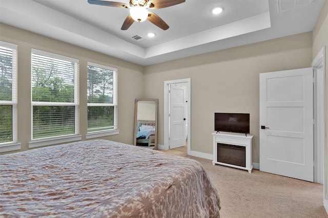2609 Paul Quinn St, Houston, TX 77091 - bedroom featuring light colored carpet, a raised ceiling, ceiling fan, and recessed lighting
