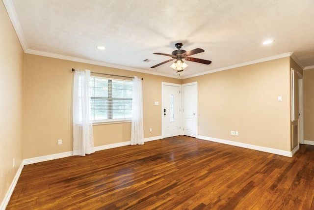 spare room featuring wood finished floors, a ceiling fan, baseboards, crown molding, and recessed lighting