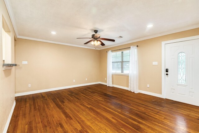 foyer with a ceiling fan, dark wood-type flooring, baseboards, crown molding, and recessed lighting