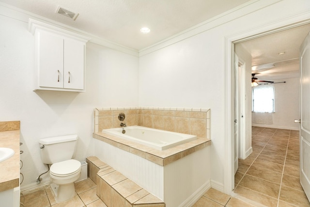 bathroom featuring vanity, toilet, tile patterned flooring, a bath, and recessed lighting