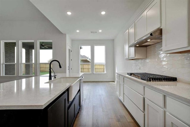 5818 Reef Ridge Dr, Manvel, TX 77578 - kitchen with under cabinet range hood, a sink, appliances with stainless steel finishes, backsplash, and recessed lighting