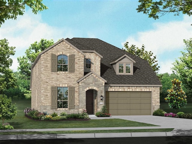 5818 Reef Ridge Dr, Manvel, TX 77578 - french country style house featuring concrete driveway, brick siding, stone siding, a front lawn, and an attached garage
