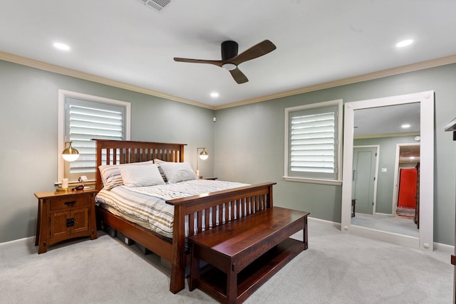 bedroom with light colored carpet, crown molding, recessed lighting, baseboards, and a ceiling fan