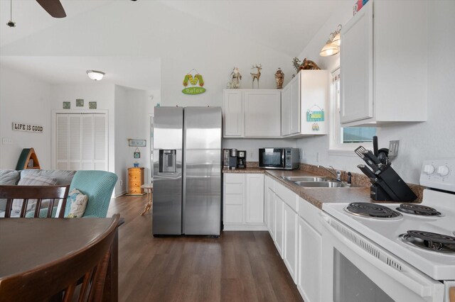 kitchen with stainless steel fridge with ice dispenser, white electric stove, vaulted ceiling, a sink, and dark wood-style flooring