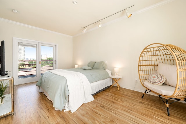 2100 Huldy St Unit 4, Houston, TX 77019 - bedroom featuring track lighting, access to outside, light wood-type flooring, crown molding, and baseboards