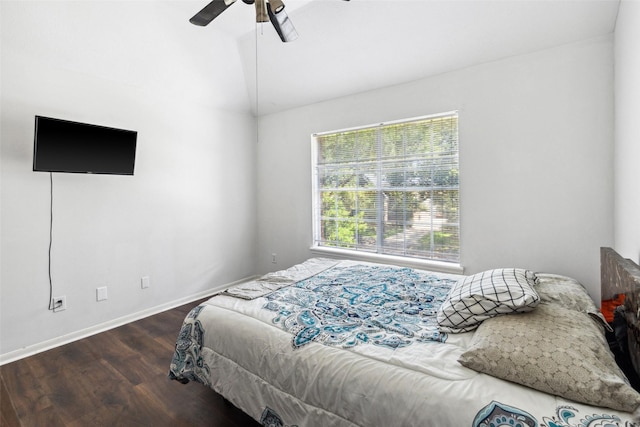 2112 Shadow Bay Cir, League City, TX 77573 - bedroom with wood finished floors, baseboards, ceiling fan, and lofted ceiling