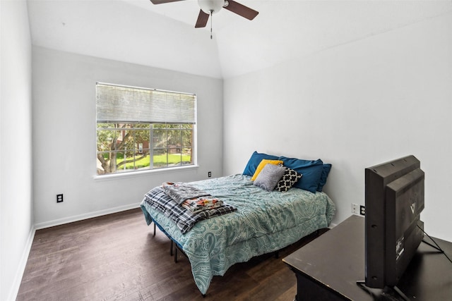 2112 Shadow Bay Cir, League City, TX 77573 - bedroom featuring wood finished floors, vaulted ceiling, baseboards, and ceiling fan