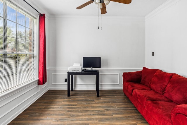 2112 Shadow Bay Cir, League City, TX 77573 - office area with ceiling fan, crown molding, healthy amount of natural light, dark wood-style floors, and wainscoting
