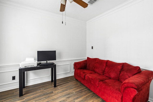 2112 Shadow Bay Cir, League City, TX 77573 - office area featuring ornamental molding, wood finished floors, a ceiling fan, wainscoting, and a decorative wall