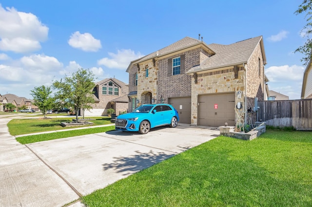 2723 Camellia Ave, Brookshire, TX 77423 - view of front of property featuring concrete driveway, stone siding, a garage, a residential view, and roof with shingles