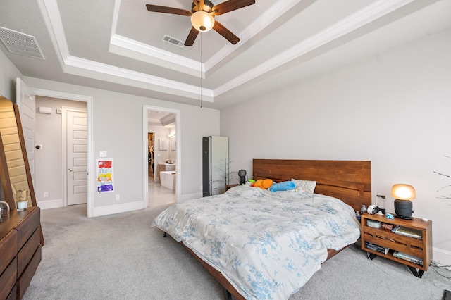 2723 Camellia Ave, Brookshire, TX 77423 - carpeted bedroom featuring a tray ceiling, ornamental molding, baseboards, and ceiling fan