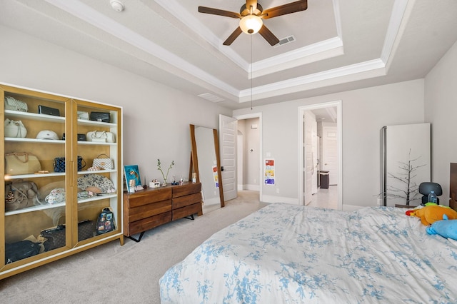 2723 Camellia Ave, Brookshire, TX 77423 - bedroom featuring a raised ceiling, carpet, ornamental molding, a ceiling fan, and ensuite bathroom
