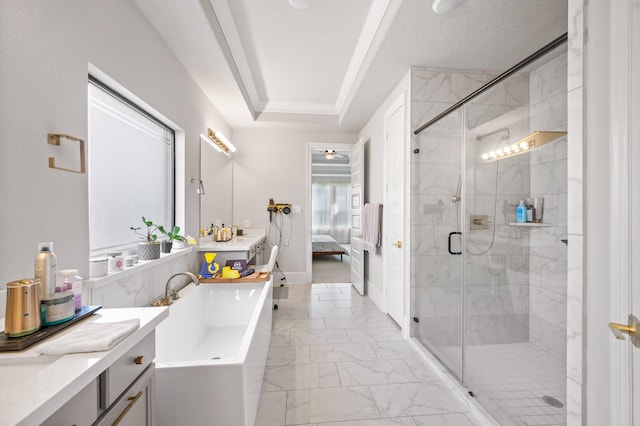 2723 Camellia Ave, Brookshire, TX 77423 - ensuite bathroom with marble finish floors, a shower stall, vanity, a bath, and a ceiling fan